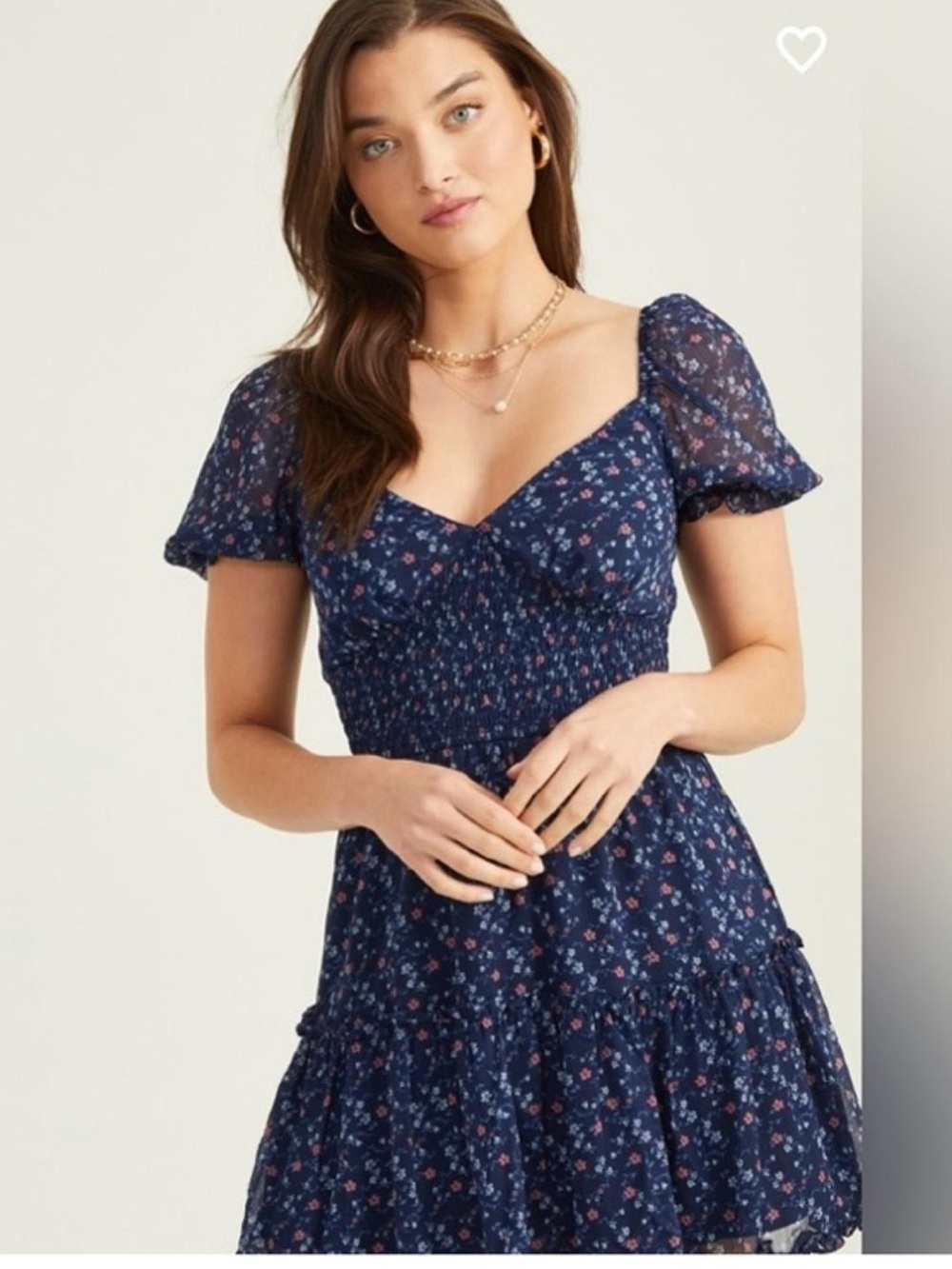 Altar’d State Navy Floral Puff-Sleeve Smocked Dress